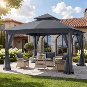 Abccanopy 11x13 Ft Steel Patio Gazebo With Curtains And Olefin® Soft Roof